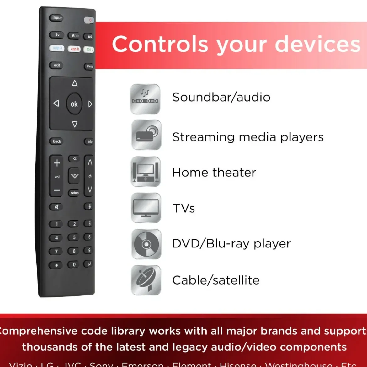 UltraPro 3-Device Universal Vizio Replacement Remote, Black