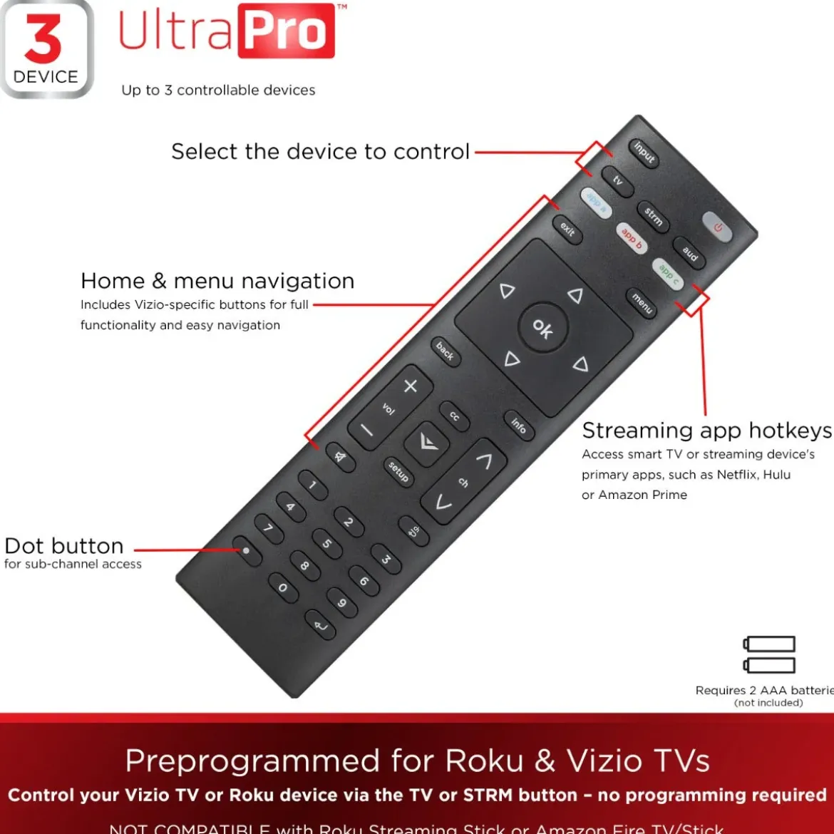 UltraPro 3-Device Universal Vizio Replacement Remote, Black