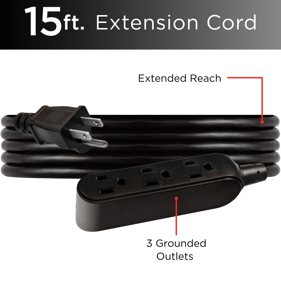UltraPro 15ft. Outdoor Extension Cord, 3 Grounded Outlet, Black