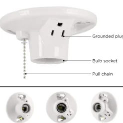 UltraPro Porcelain Lampholder, Medium Base, Pull Chain, Grounded Outlet, White, 2 Pack