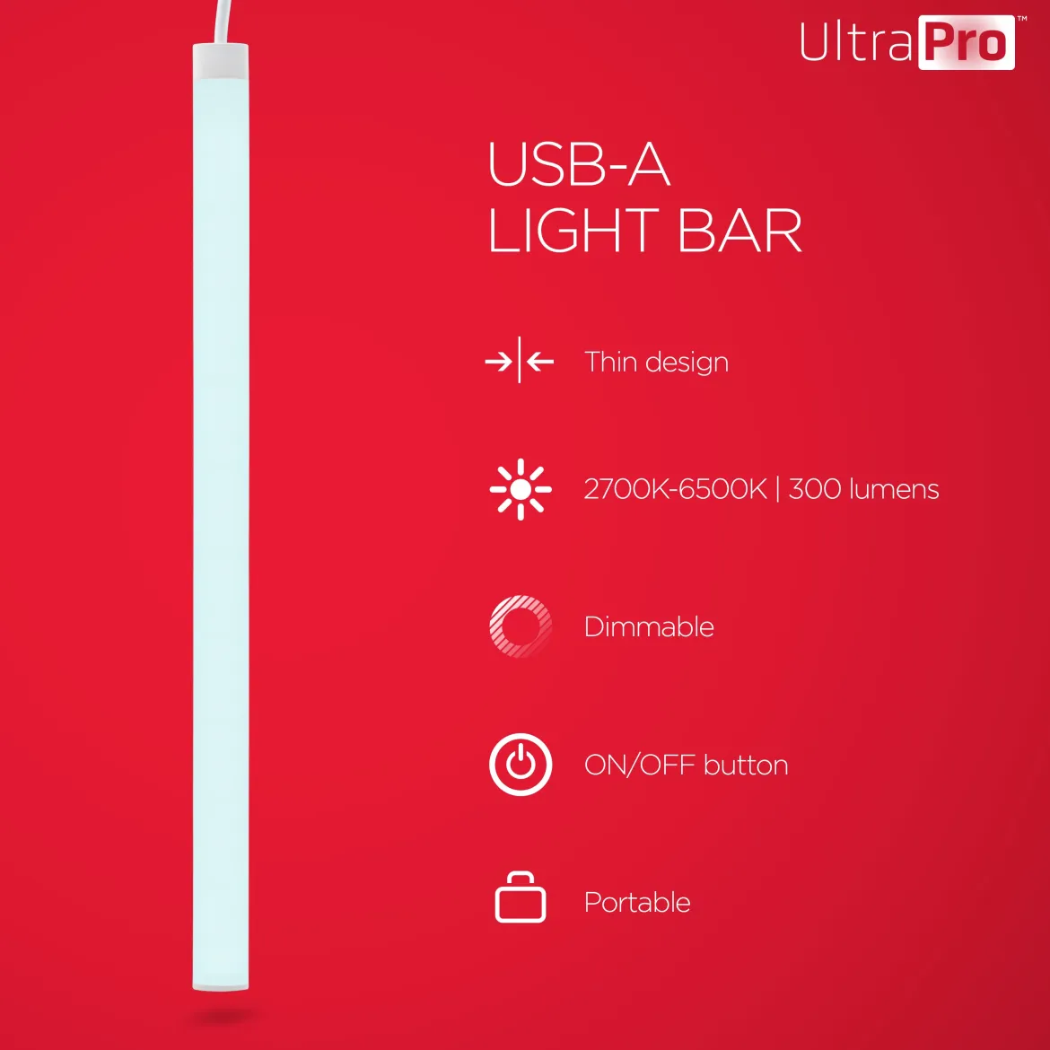 UltraPro USB Light Bar, CCT, 2700K, Dimmable, 12in.