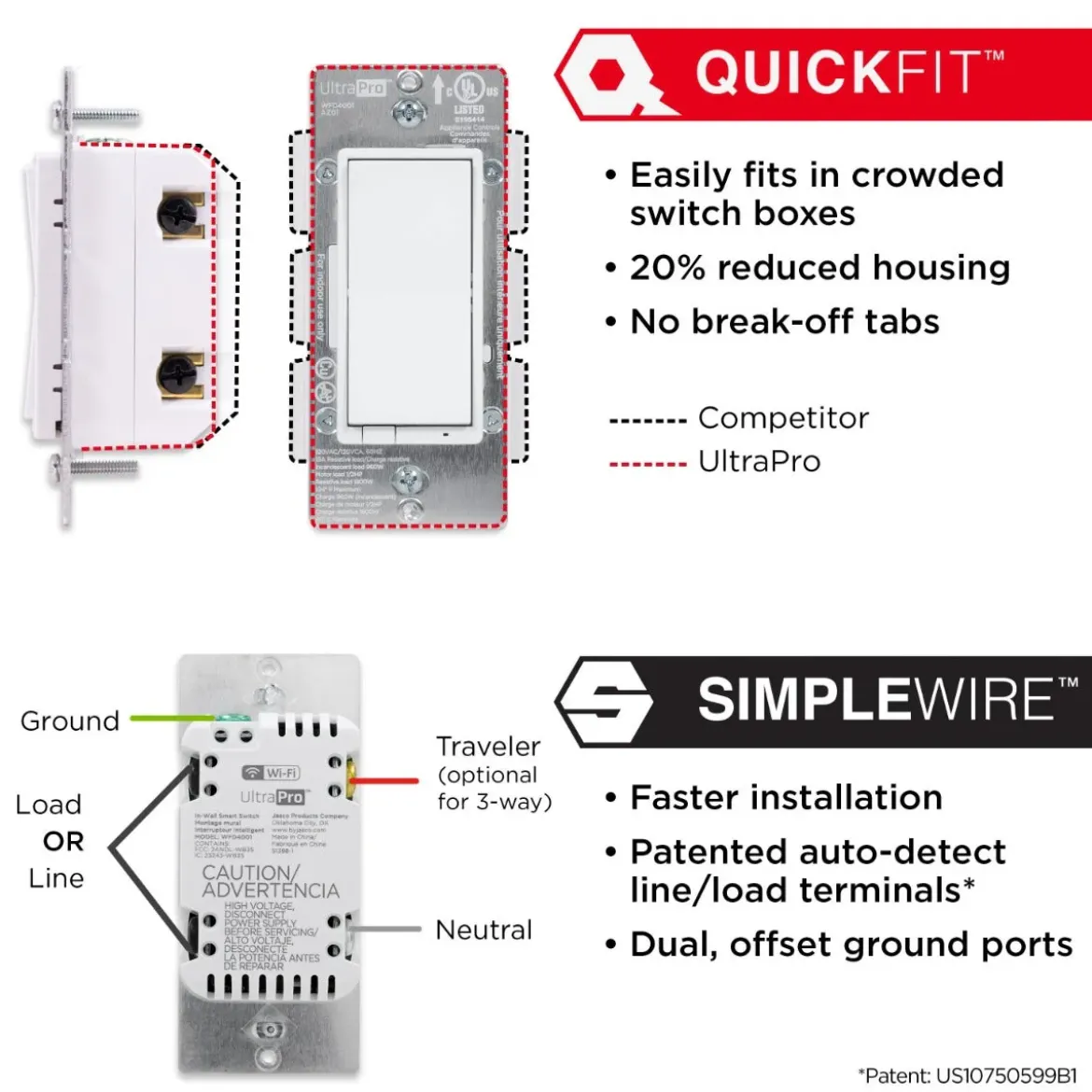 UltraPro WiFi In-Wall Smart Switch With QuickFit™ And SimpleWire™, White